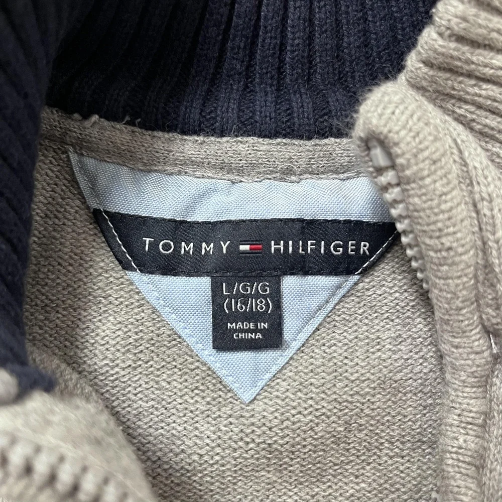 Tommy Hilfiger Sweater Youth Large‎ 16/18 Gray Navy Half Zip Pullover Spell Out